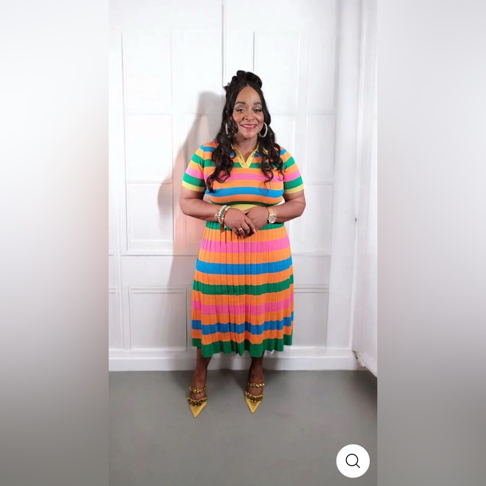 Women’s Colorful Rainbow Striped Cropped Shirt & Pleated Maxi Skirt Set Sz Large - Picture 10 of 12